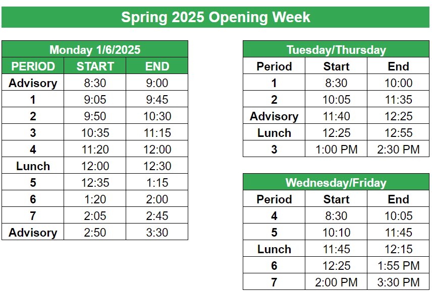 Welcome back and Happy New Year!  Please see opening week schedule for year 2025!