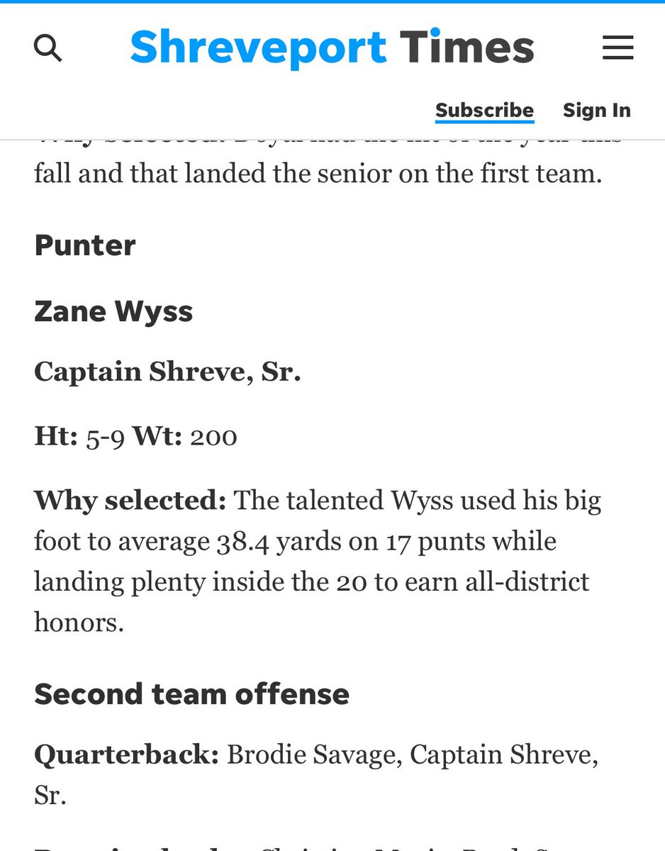 Zane Wyss (@zanewyss) on Twitter photo Blessed to be named first team all city Punter!
<a href="/coachjwilburn/">Jeremy Wilburn</a> <a href="/ShreveGators/">Captain Shreve Football</a> <a href="/ShreveGridiron/">Captain Shreve Gridiron</a> <a href="/RecruitLouisian/">Recruit Louisianaβ’οΈ</a> Blessed to be named first team all city Punter!
<a href="/coachjwilburn/">Jeremy Wilburn</a> <a href="/ShreveGators/">Captain Shreve Football</a> <a href="/ShreveGridiron/">Captain Shreve Gridiron</a> <a href="/RecruitLouisian/">Recruit Louisianaβ’οΈ</a>