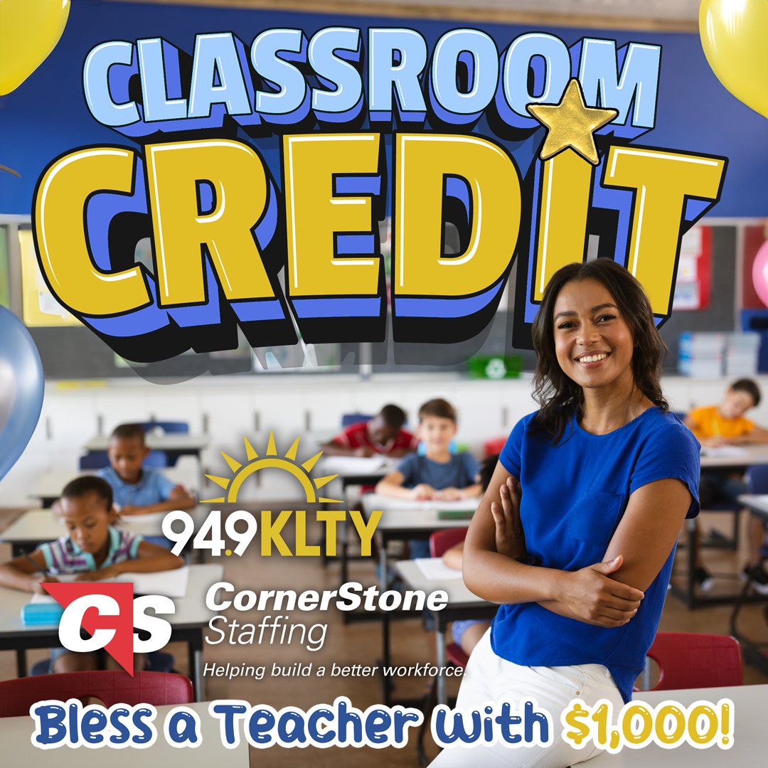 94.9 KLTY (@949klty) on Twitter photo Give a teacher the credit they deserve! 🌟 Nominate them for a $1,000 Classroom Credit from <a href="/CornerStoneHire/">CornerStone Staffing</a> & 94.9 #KLTY. Show your appreciation by visiting klty.com/contests/949kl…! 🍎💸 Give a teacher the credit they deserve! 🌟 Nominate them for a $1,000 Classroom Credit from <a href="/CornerStoneHire/">CornerStone Staffing</a> & 94.9 #KLTY. Show your appreciation by visiting klty.com/contests/949kl…! 🍎💸