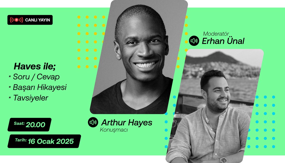 ❗️ Tarihi bir canlı yayın olacak!
Ekosistemin en büyük isimlerinden olan <a href="/CryptoHayes/">Arthur Hayes</a> canlı yayınıma konuk oluyor! Hayranlık duyduğum bu isimle yayın yapmak ve sizlerin sorularınızı sormak benim için çok büyük bir gurur! Herkes hazır mı? Sinerjinizi görmek istiyorum!