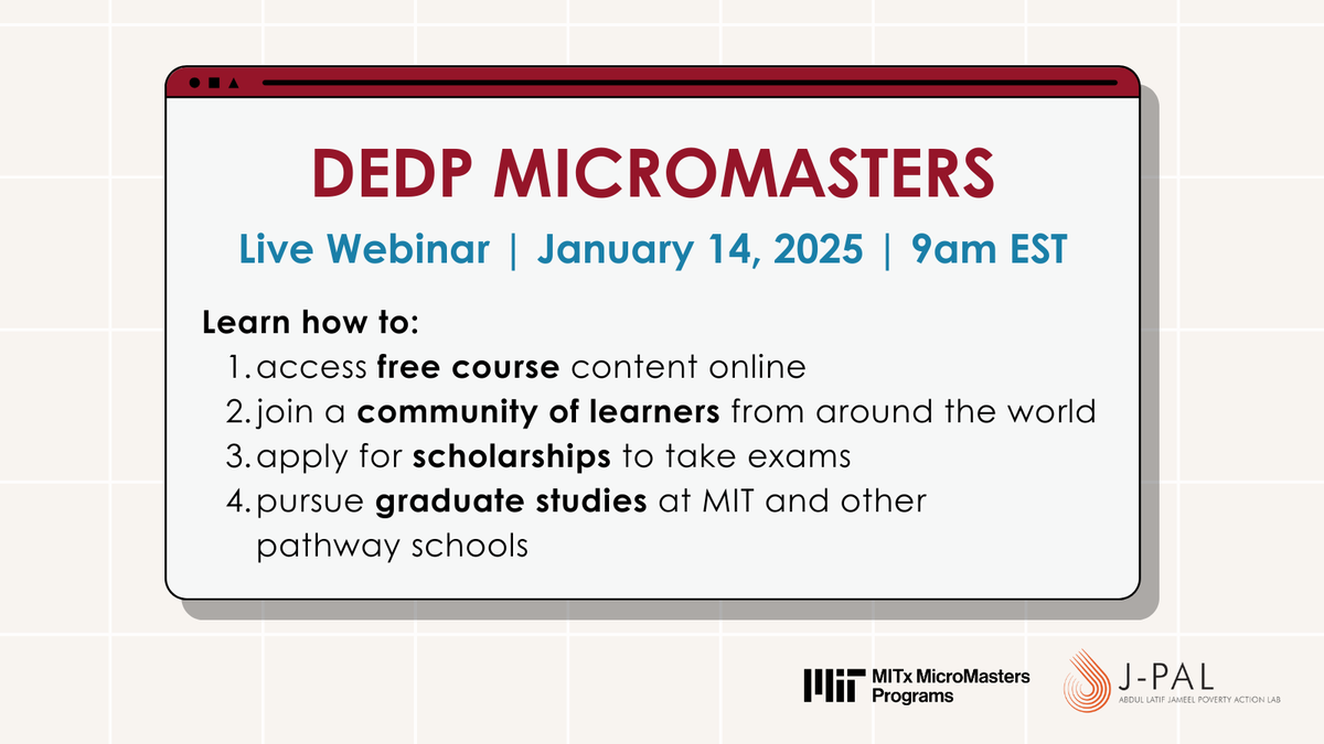 JPAL's tweet image. 🎓 Ready to tackle global challenges with data-driven solutions? Join our webinar on January 14 at 9 am ET to explore the MITx MicroMasters® Program in Data, Economics, and Design of Policy. Register now: bit.ly/420AQrS