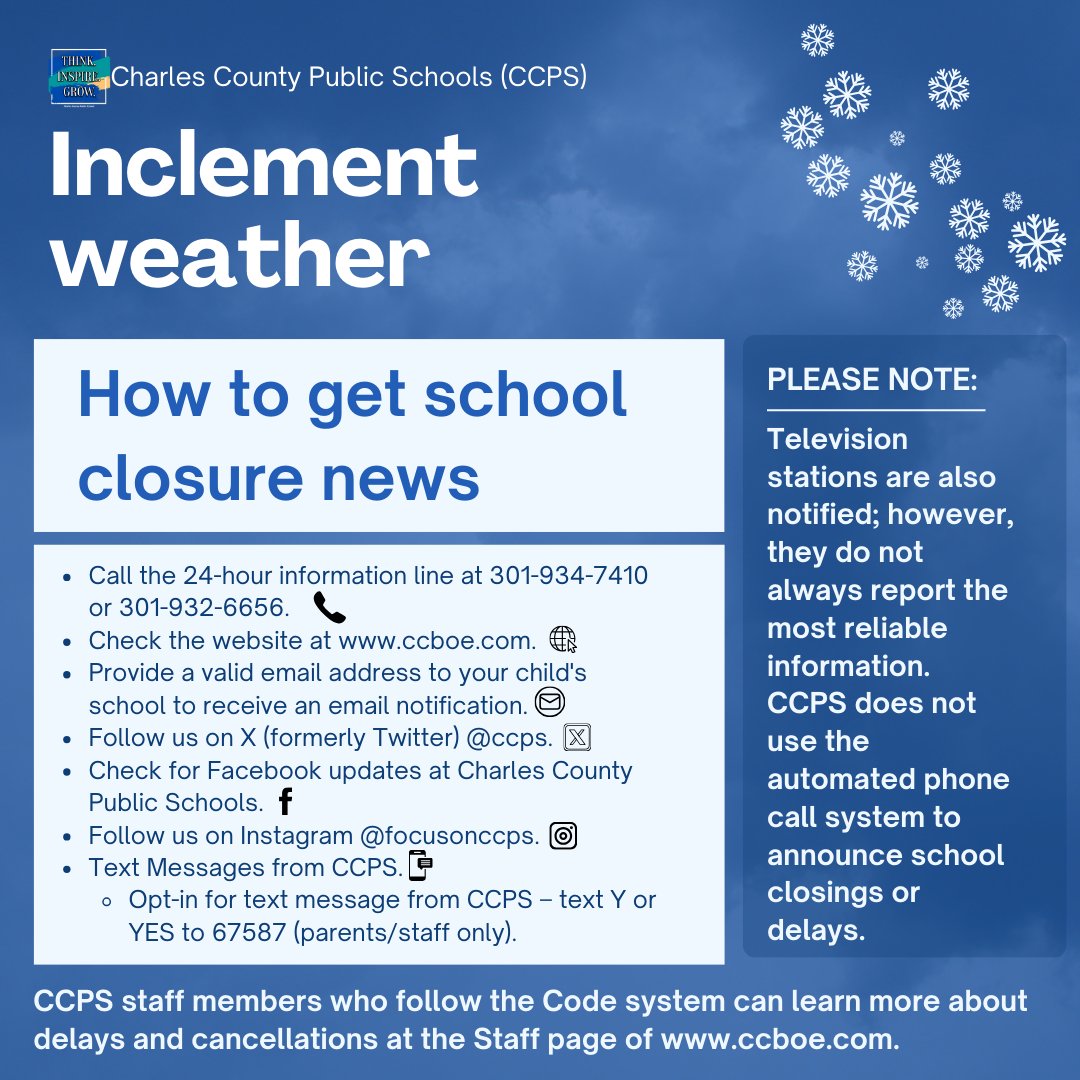 As cold weather season progresses, CCPS students and staff can learn how to receive information about inclement weather delays and cancellations. Visit the inclement weather page at bit.ly/3W6kzh3 for more information.
