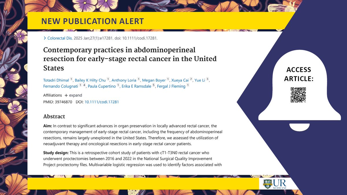 URMC Department of Surgery (@urochestersurg) on Twitter photo 🚨 New Pub:
Recently published in <a href="/ColorectalDis/">Colorectal Disease</a>, research led by <a href="/TotadriD/">Totadri Dhimal</a> looking at organ preservation in early-stage rectal cancer
More info: bit.ly/40n77Is
<a href="/URMCSurgery/">URMC Surgery Residents</a> <a href="/APCupertino/">Paula Cupertino</a> <a href="/FergaljFleming/">Fergal Fleming</a> <a href="/BaileyHilty/">Bailey Hilty Chu</a> <a href="/URochester_SMD/">URochester SMD</a> <a href="/ShoreUrmc/">URMC SHORE</a> #URSurgerySHORE 🚨 New Pub:
Recently published in <a href="/ColorectalDis/">Colorectal Disease</a>, research led by <a href="/TotadriD/">Totadri Dhimal</a> looking at organ preservation in early-stage rectal cancer
More info: bit.ly/40n77Is
<a href="/URMCSurgery/">URMC Surgery Residents</a> <a href="/APCupertino/">Paula Cupertino</a> <a href="/FergaljFleming/">Fergal Fleming</a> <a href="/BaileyHilty/">Bailey Hilty Chu</a> <a href="/URochester_SMD/">URochester SMD</a> <a href="/ShoreUrmc/">URMC SHORE</a> #URSurgerySHORE