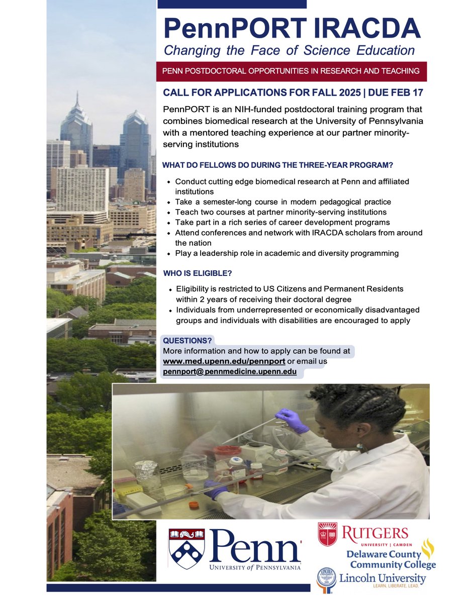 Christopher Panebianco, PhD (@cpane94) on Twitter photo 🚨POSTDOC FUNDING OPPORTUNITY🚨 Applications for the 2025 <a href="/PennPORT_IRACDA/">PennPORT_IRACDA</a> Program! The IRACDA Program is an INCREDIBLE training environment and I'd encourage anyone interested in research, teaching, #DEIA and #STEMOutreach to apply! Feel free to DM with questions! 🚨POSTDOC FUNDING OPPORTUNITY🚨 Applications for the 2025 <a href="/PennPORT_IRACDA/">PennPORT_IRACDA</a> Program! The IRACDA Program is an INCREDIBLE training environment and I'd encourage anyone interested in research, teaching, #DEIA and #STEMOutreach to apply! Feel free to DM with questions!