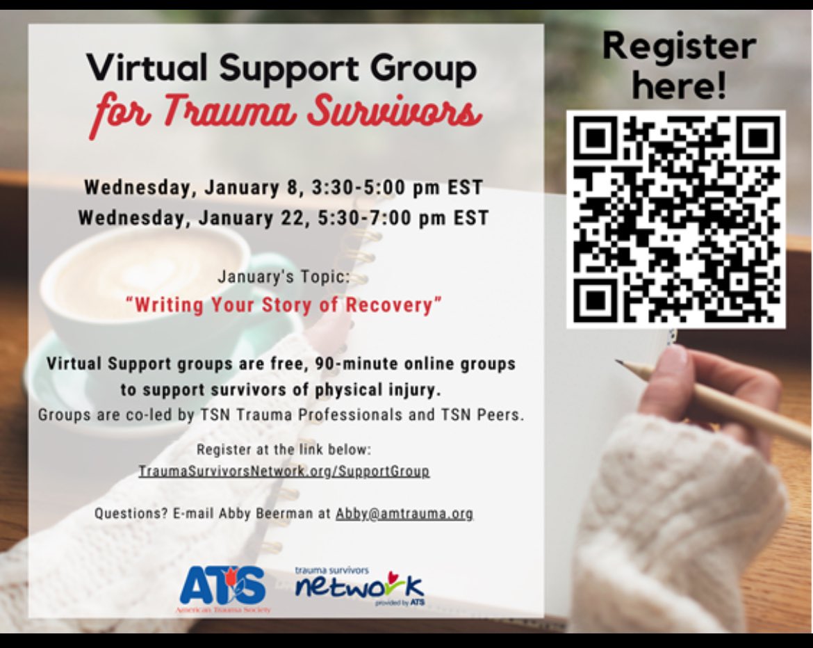 Writing Your Story of Recovery! ❤️‍🩹 
Are you a Trauma Survivor? Join us for a virtual support group to help write your story of recovery! Free, 90 minute, online group, to support survivors of physical trauma. <a href="/uc_health/">UC Health</a> <a href="/TraumaSurvivors/">Trauma Survivors Network</a> <a href="/ATSTrauma/">American Trauma Society</a>