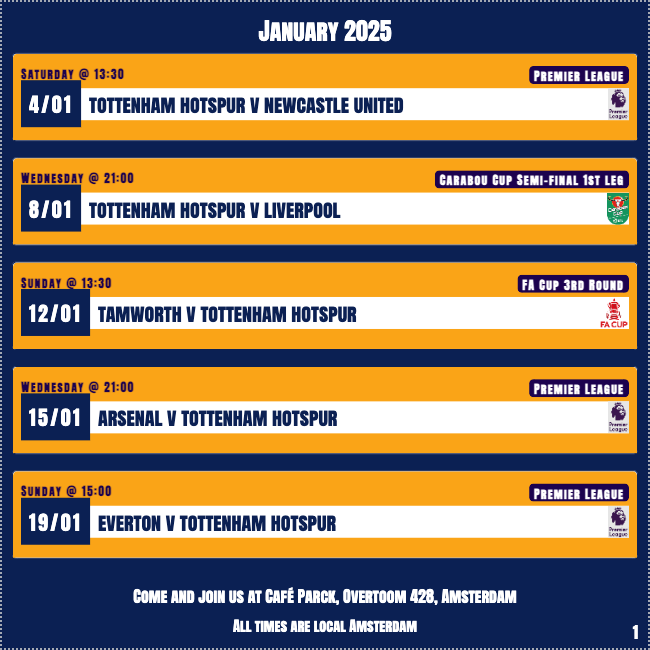 AmsterdamSpurs's tweet photo. Tottenham welcome the Toon, Saturday at 13.30 (Amsterdam time). Join us in Café Parck from 1PM (they are opening early). https://t.co/R5ab6VGAWM