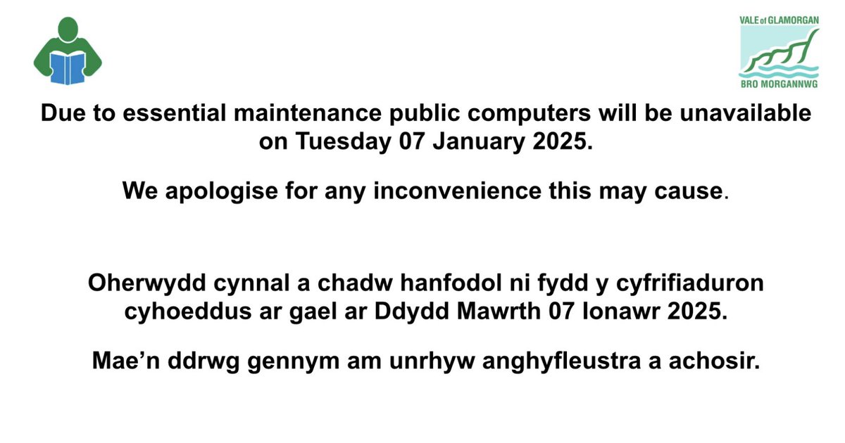BarryLibrary's tweet image. Due to essential maintenance public computers will be unavailable on 07/01/25. We apologise for any inconvenience this may cause.

Oherwydd cynnal a chadw hanfodol ni fydd y cyfrifiaduron
cyhoeddus ar gael ar 07/01/25. Mae&apos;n ddrwg gennym am unrhyw anghyfleustra a achosir.