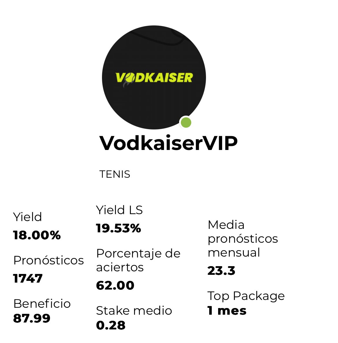 📣 <a href="/Vodkaiser1/">Vodkaiser</a> NUEVO TIPSTER PREMIUM en Bet2earn 🚀 

Presentamos a VODKAISER, el mejor TIPSTER de DOBLES 🎾  Más de 7 años de experiencia verificada! 🔝
 
- Tipster de Tenis 🎾 Dobles masculino (ATP/Chall)
- Bookie referencia Bet365, muchos de sus picks son seguibles en otras