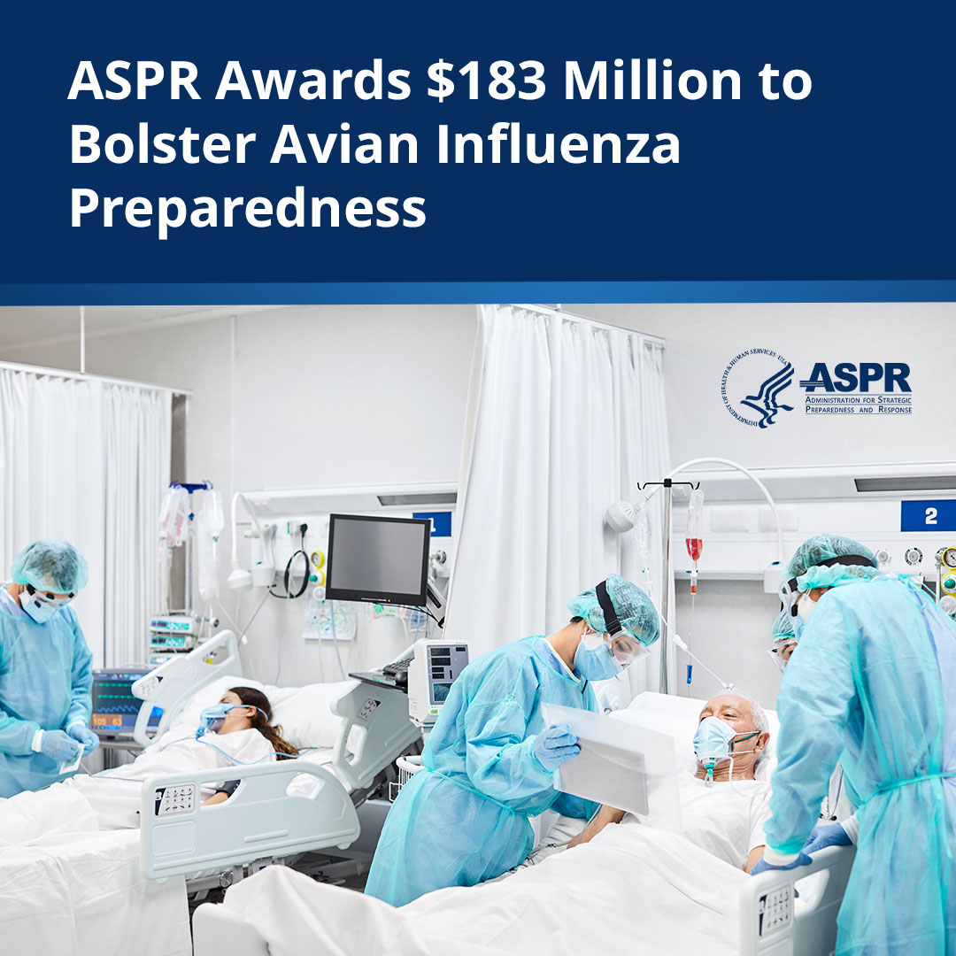 Today, ASPR announced a series of additional awards aimed at bolstering the nation’s capacity to respond to avian flu. The funding will be used to strengthen health care readiness programs and the National Disaster Medical System.  hhs.gov/about/news/202…