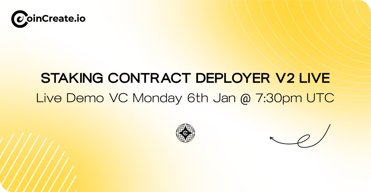 CoincreateTeam's tweet photo. CoinCreate Development Announcement:

Staking Contract Deployer V2 is now LIVE!

After much anticipation, CoinCreate now allows businesses, projects, and devs to deploy advanced forms of staking contracts and dApps for their holders with variable APYs and variable locking periods!

No coding skills required; no relying on niche blockchain developers; all contracts belong to you.

Join us for a LIVE DEMO VC on Telegram Monday 6th January @ 7:30pm UTC.

We’re well on our way to being a AIO platform for complete infrastructure deployment. More contract types along with new staking versions coming soon.

$CREA #Blockchain #Web3Innovation