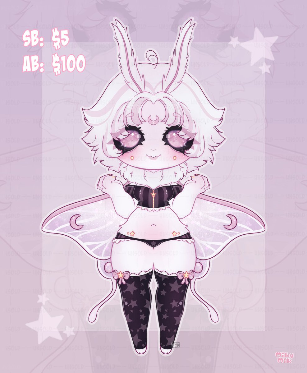 Pink Moon Moth Adopt!

🌙 SB- $5
🌙 AB- $100 (to leave room for bidding plus I really love her ;v;)

Base by milkymilk

Any interactions are deeply appreciated, I’m really proud of this bean ❤️