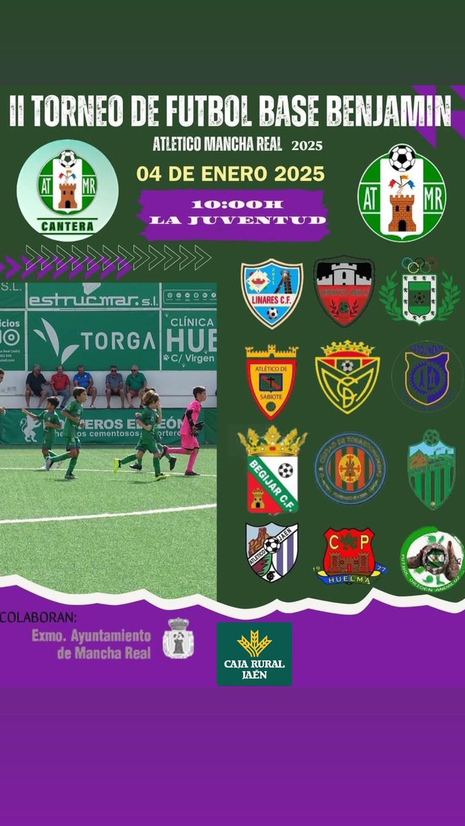 Llega el Torneo de Fútbol Base Benjamín Atlético Mancha Real 2025! ⚽️

¡Es hora de que los pequeños brillen en el campo! Os esperamos en este emocionante torneo para jugadores de la categoría Benjamín, donde la diversión y el espíritu deportivo serán los protagonistas.