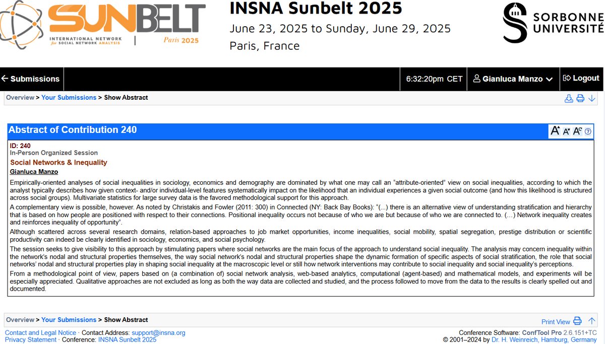 Gianluca Manzo (@glmanzo) on Twitter photo SUNBELT 2025 <a href="/SocNetAnalysts/">INSNA</a> will be in Paris at Science Po <a href="/sciencespo/">Sciences Po</a> & Sorbonne University <a href="/LettresSorbonne/">Faculté des Lettres Sorbonne Université</a>.
Submissions are open until February 20th:
sunbelt2025.org.
Please consider submitting a paper to the session “Social Networks & Inequality”.
👇👇👇👇 SUNBELT 2025 <a href="/SocNetAnalysts/">INSNA</a> will be in Paris at Science Po <a href="/sciencespo/">Sciences Po</a> & Sorbonne University <a href="/LettresSorbonne/">Faculté des Lettres Sorbonne Université</a>.
Submissions are open until February 20th:
sunbelt2025.org.
Please consider submitting a paper to the session “Social Networks & Inequality”.
👇👇👇👇