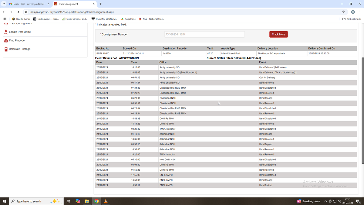 naveengautam04's tweet photo. @IndiaPostOffice @JM_Scindia @KotakBankLtd 
Dear sir, consignment number AX586264513IN was sent by kotak Mahindra Bank twice to the address having pin code 144620, but it was not delivered both the times to destination and delivered to Amity University SO (Screen shots attached). https://t.co/9TdsYnOz51