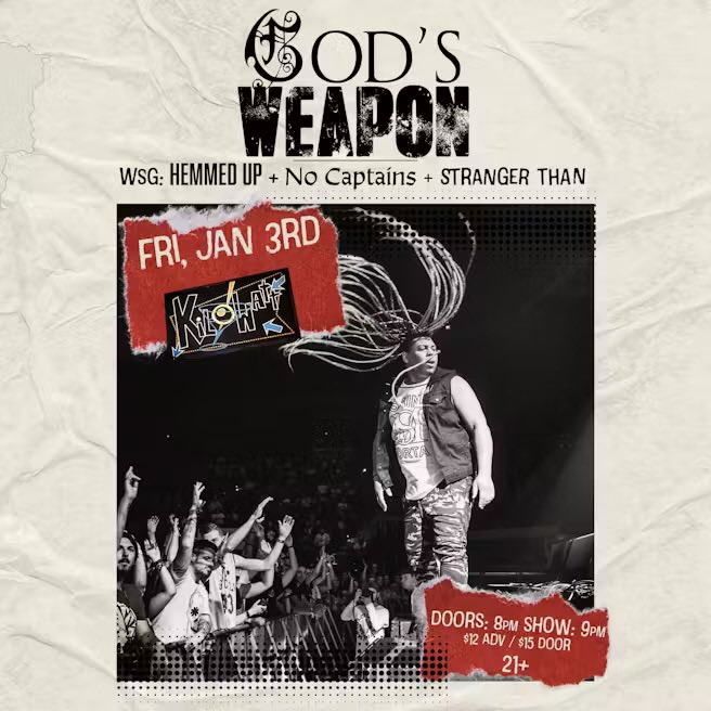 We’re at Kilowatt Bar in SF tonight w God’s Weapon, Hemmed Up &amp; No Captains. Doors at 8, $15, 21+.