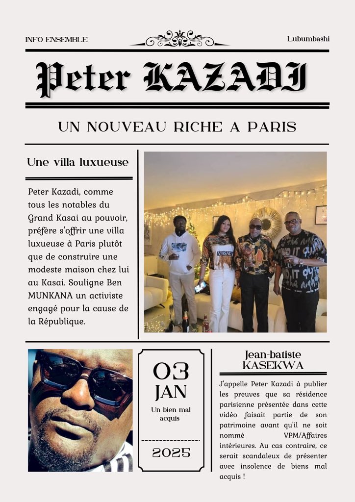 “Peter Kazadi, comme tous les notables du Grand Kasai au pouvoir, préfère s'offrir une villa luxueuse à Paris plutôt que de construire une modeste maison chez lui au Kasai.” <a href="/IamJ2m1982/">𝕭𝖊𝖓 𝔍𝖚𝖓𝖎𝖔𝖗 𝕲𝖇𝖆𝖌𝖇𝖔 📈🔥🥇📌</a> 

J'appelle Peter Kazadi à publier les preuves que sa résidence parisienne …<a href="/KasekwaB/">Jean-Baptiste Muhindo Kasekwa</a>