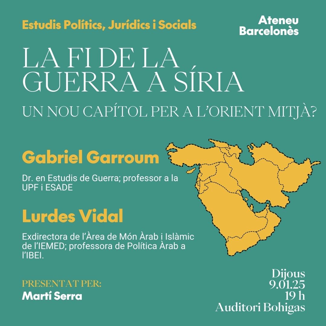 🌍Comencem l'any parlant de "La fi de la guerra a Síria".

En 12 dies, ha caigut un règim de 50 anys. Què ha passat i quines conseqüències tindrà? 

S'obre un nou capítol per a l'Orient Mitjà?

🗓️Dijous 9 a les 19h amb en <a href="/GabrielGarroum/">Gabriel Garroum Pla</a> i la <a href="/LurdesVidal/">Lurdes Vidal Bertran</a>.

Us hi esperem.