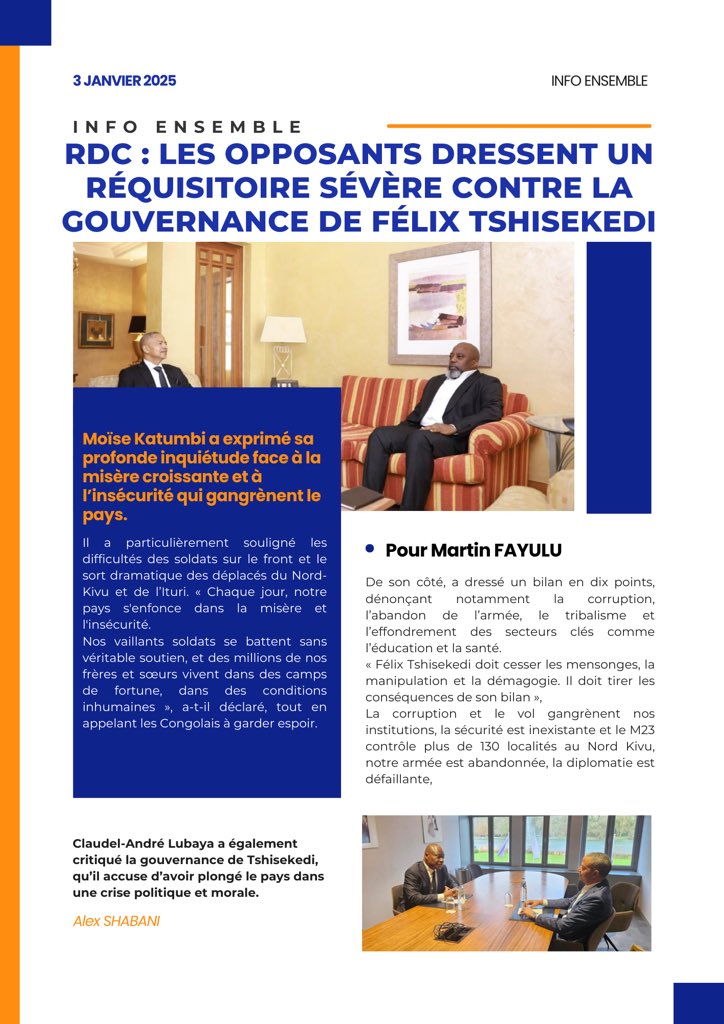 #RDC : Les opposants dressent un réquisitoire sévère contre la gouvernance de Félix Tshisekedi. 

Pour <a href="/moise_katumbi/">Moise Katumbi</a>  sa profonde inquiétude face à la misère croissante et à l’insécurité qui gangrènent le pays. Pour <a href="/MartinFayulu/">Martin Fayulu</a> La corruption, le tribalisme et le vol…