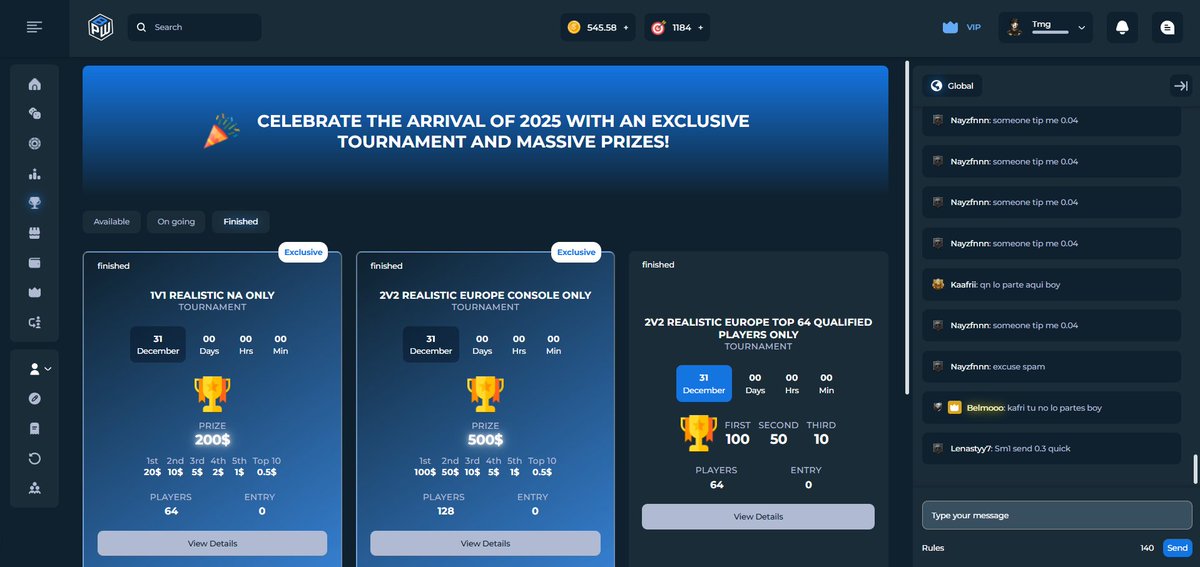 Lowest deposit fees, lowest match fees, lowest withdrawal fees, free entry tournaments,
Best, fastest growing and only legitimate site!
You said 2025 is your year didn't you ?
Get out of bed and come play!

$50 Giveaway - 10 winners  
($5 each) on site   

- Follow us 
- Like &amp;