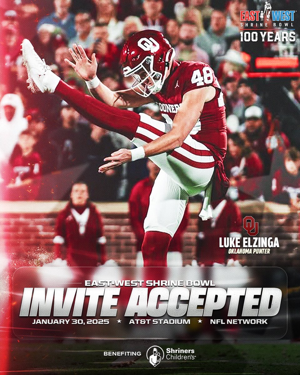 East-West Shrine Bowl (@shrinebowl) on Twitter photo Field flipper 🦿
P Luke Elzinga (<a href="/ElzingaLuke/">Luke Elzinga</a>) from <a href="/OU_Football/">Oklahoma Football</a> has officially accepted his invite to the 100th East-West #ShrineBowl!
#OUDNA | #ShrineBowlWHOSNEXT 😎 Field flipper 🦿
P Luke Elzinga (<a href="/ElzingaLuke/">Luke Elzinga</a>) from <a href="/OU_Football/">Oklahoma Football</a> has officially accepted his invite to the 100th East-West #ShrineBowl!
#OUDNA | #ShrineBowlWHOSNEXT 😎