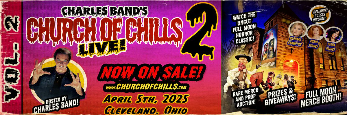 Full Moon Features (@fullmoonhorror) on Twitter photo “Church of Chills” LIVE returns! <a href="/RealCharlesBand/">Charles Band</a> is back for round 2! Celebrity guests include #thelastdrivein's <a href="/kinky_horror/">Diana “Darcy the Mail Girl” Prince 🤠💌</a>, #FullMoon queen <a href="/RobinSydneyxo/">Robin Sydney</a> and #horror icon <a href="/barbaracrampton/">Barbara Crampton</a>! BUY TIX NOW!
fullmoonhorror.com/products/churc… “Church of Chills” LIVE returns! <a href="/RealCharlesBand/">Charles Band</a> is back for round 2! Celebrity guests include #thelastdrivein's <a href="/kinky_horror/">Diana “Darcy the Mail Girl” Prince 🤠💌</a>, #FullMoon queen <a href="/RobinSydneyxo/">Robin Sydney</a> and #horror icon <a href="/barbaracrampton/">Barbara Crampton</a>! BUY TIX NOW!
fullmoonhorror.com/products/churc…