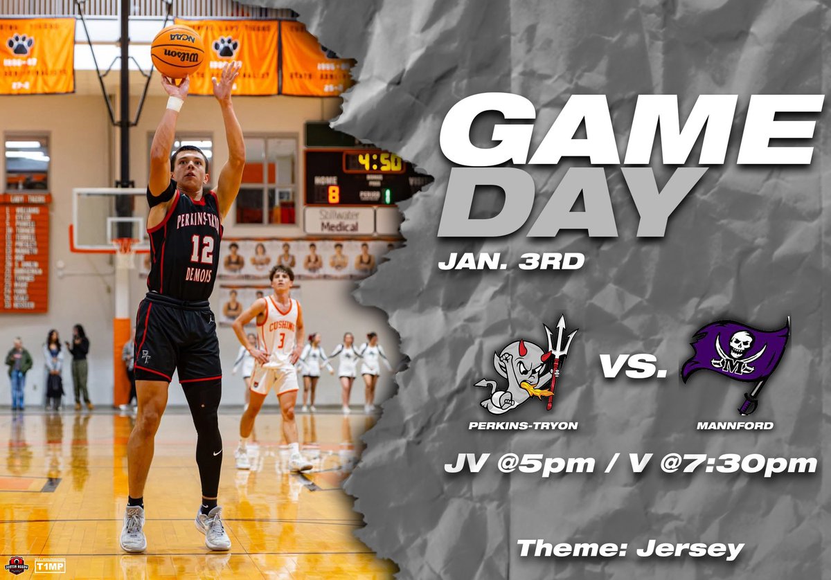 🚨 G A M E  D A Y 🚨

🏀: Perkins-Tryon Demons vs. Mannford Pirates
📍: Mannford, OK
📆: Jan. 3rd
🕖: JV 5pm / V 7:30pm
Theme: Jersey