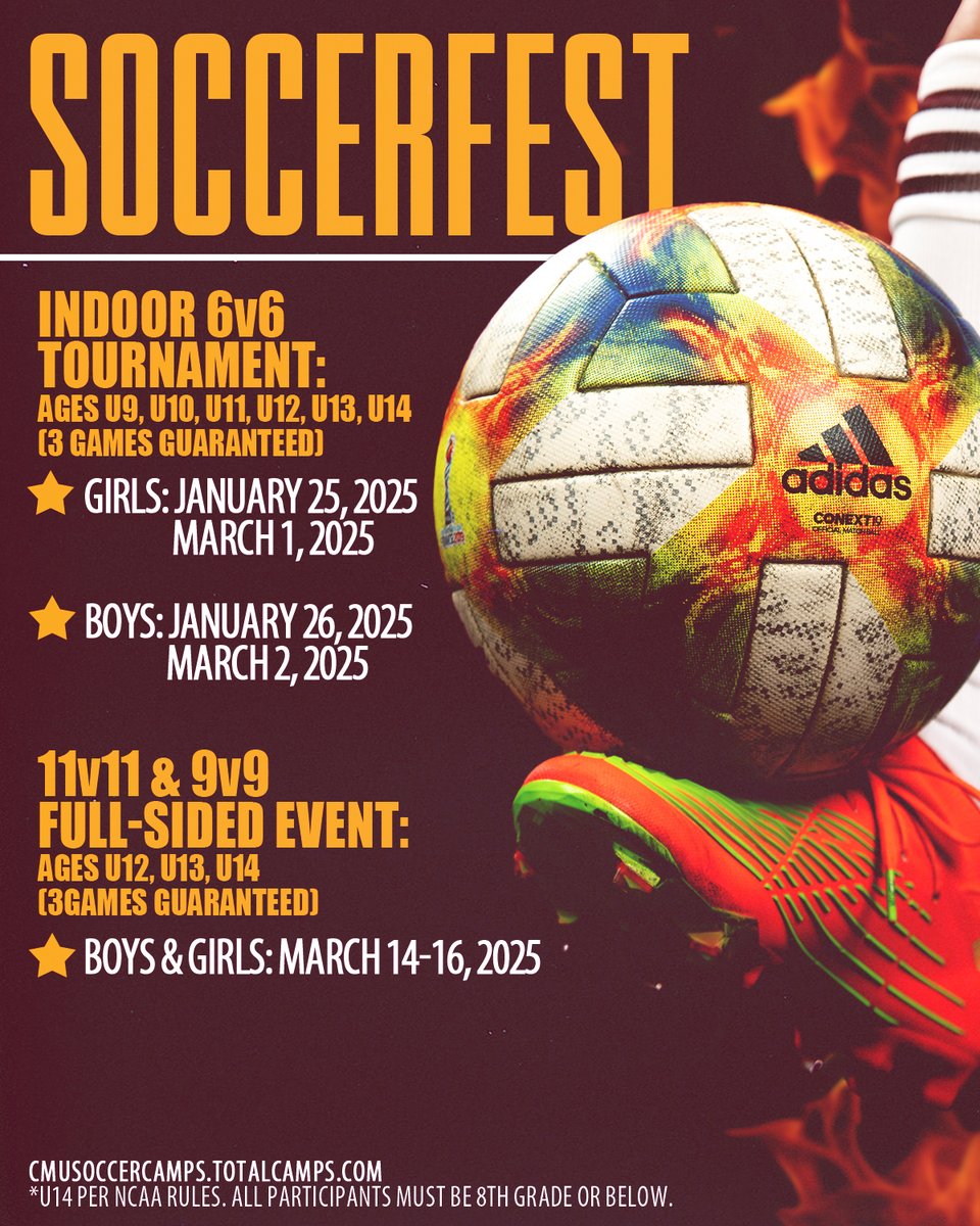 Just ONE WEEK LEFT to register for January's Soccerfest! Deadline is Jan. 10 at 2:30pm 📅

Log on now and secure your spot in this year's action!

🔗: CMUSoccerCamps.TotalCamps.com

#FireUpChips🔥⬆️⚽