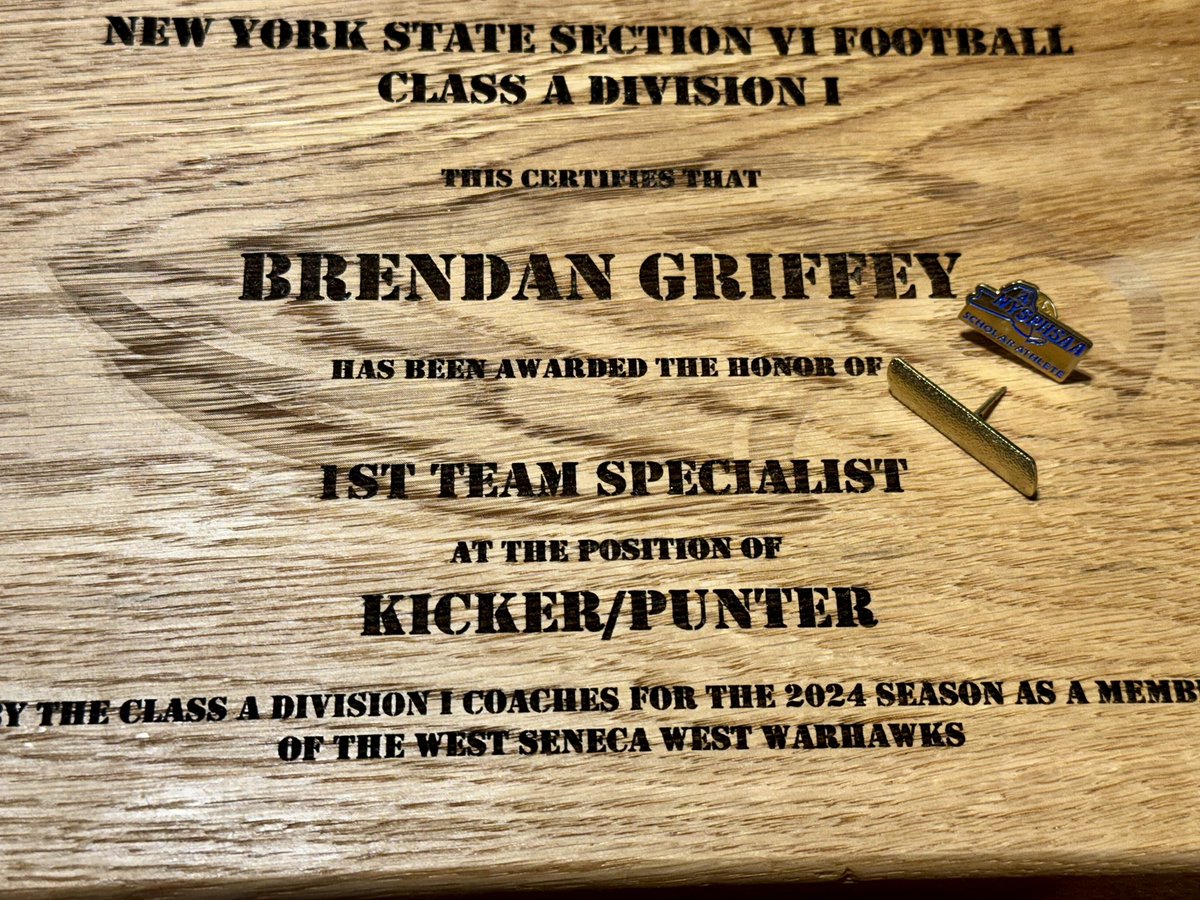 Thankful to have received awards at my final high school football banquet. It’s been great to play for West. Thanks to all my coaches and teammates through all the years. 
Earned Class A Division 1 All-Star 1st team specialist K/P.
NYS scholar athlete team pin earned. Broke