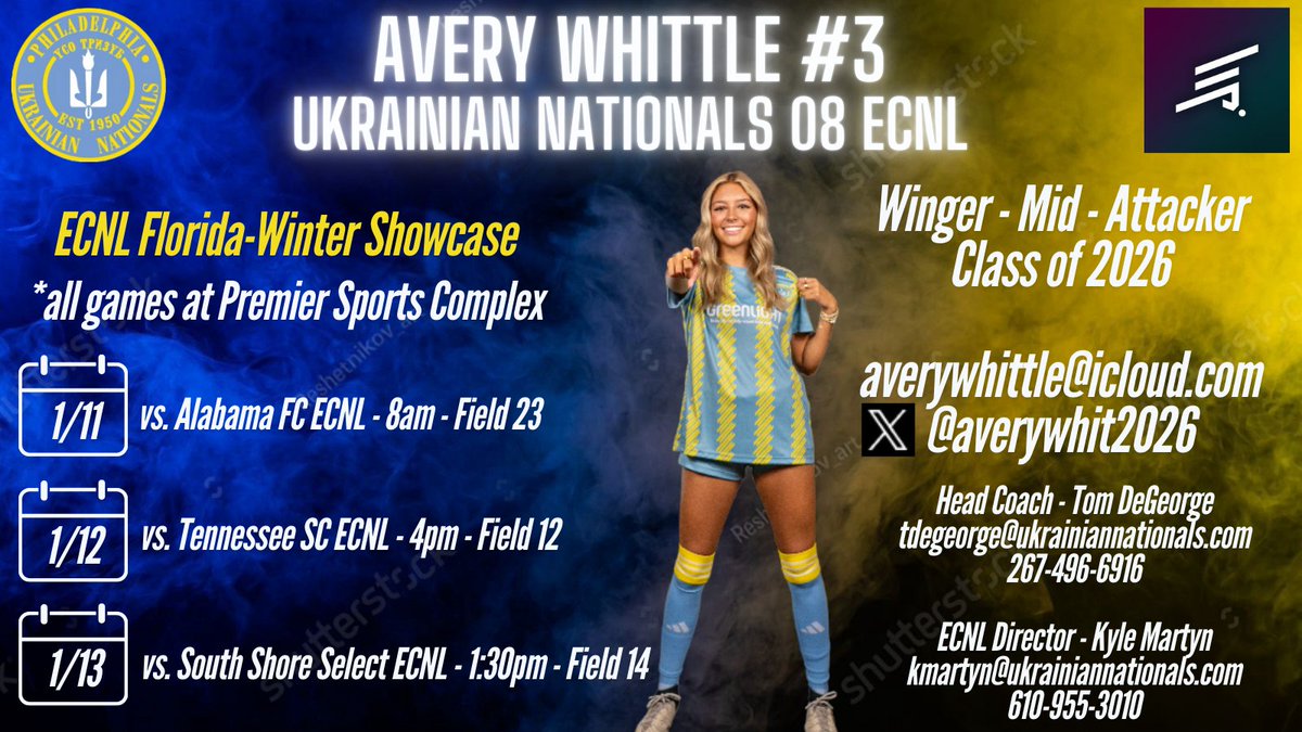 Avery Whittle_2026 (@averywhit2026) on Twitter photo So excited for the ECNL Florida showcase next week! Can't wait to play with my <a href="/UkrNationalsSC/">Ukrainian Nationals SC</a> squad in this event. Safe travels to everyone headed down! <a href="/JoeNemzer/">Joe Nemzer</a> <a href="/Kmart_10/">Kyle Martyn</a> <a href="/dege777/">Tom DeGeorge</a> <a href="/ImYouthSoccer/">ECNL/GA/Recruiting/College Soccer</a> <a href="/ImCollegeSoccer/">College Soccer Truth ™</a> So excited for the ECNL Florida showcase next week! Can't wait to play with my <a href="/UkrNationalsSC/">Ukrainian Nationals SC</a> squad in this event. Safe travels to everyone headed down! <a href="/JoeNemzer/">Joe Nemzer</a> <a href="/Kmart_10/">Kyle Martyn</a> <a href="/dege777/">Tom DeGeorge</a> <a href="/ImYouthSoccer/">ECNL/GA/Recruiting/College Soccer</a> <a href="/ImCollegeSoccer/">College Soccer Truth ™</a>