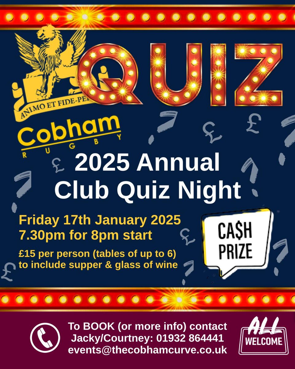 Cobham RFC (@cobhamrfc) on Twitter photo Get your team together and book a table! The 2025 Annual Club Quiz Night is two weeks away.
🧡📚🎉 Email: events@thecobhamcurve.co.uk to make your booking! Get your team together and book a table! The 2025 Annual Club Quiz Night is two weeks away.
🧡📚🎉 Email: events@thecobhamcurve.co.uk to make your booking!