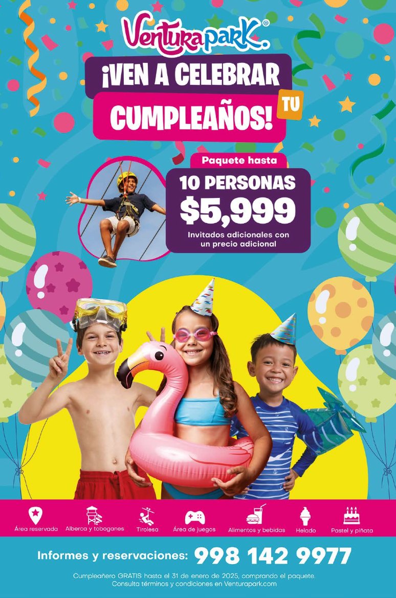 ProyectoBrujula's tweet image. 🎂🎈 ¡Celebra en grande en Ventura Park! 

Paquete de cumpleaños para 10 personas por $5,999 MXN. Invitados adicionales con precio extra. ¡Arma la fiesta perfecta! 💥

Reservas: 📲 998 142 9977

#FiestaDeCumpleaños #Diversión