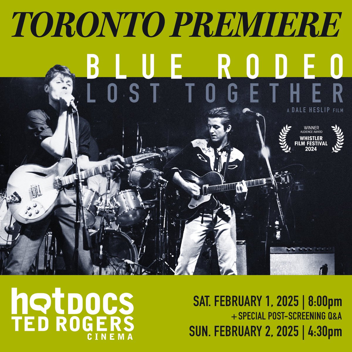 BLUE RODEO: LOST TOGETHER is making its Toronto premiere at the Hot Docs Ted Rogers Cinema on Feb 1. Join us for a special post-screening Q&amp;A with director Dale Heslip, producer <a href="/CoreyJRussell/">Corey Russell</a>, and members of <a href="/BlueRodeo/">Blue Rodeo</a>. Get tickets: hotdocs.ca/whats-on/films…
