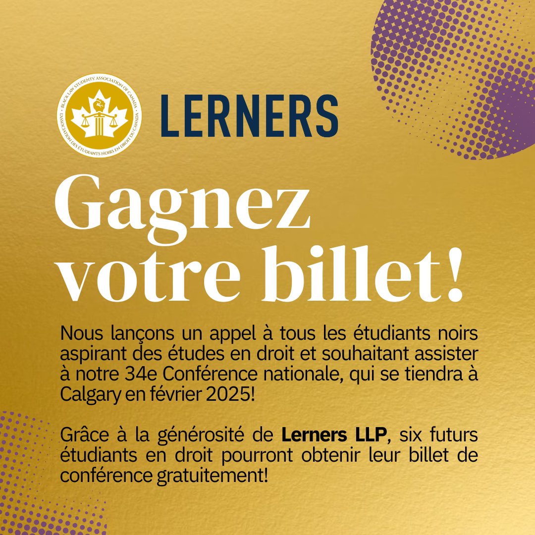 Grâce à la générosité de Lerners LLP, six futurs étudiants en droit pourront obtenir leur billet de conférence gratuitement! Postulez avant le 7 janvier 2025.

Postulez ici: docs.google.com/forms/d/e/1FAI…