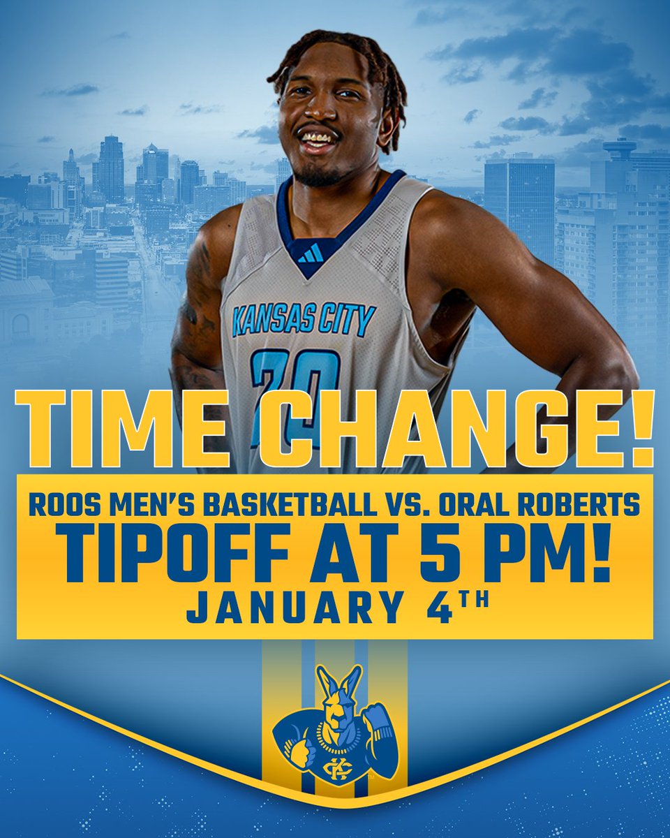 Kansas City Men's Basketball (@kcroosmbb) on Twitter photo Due to the forecast of severe winter weather, tomorrow's game against <a href="/ORUMBB/">ORU Basketball</a> has been moved to a 5 p.m. tipoff.
READ ➡️ bit.ly/3BWQfia
<a href="/KCRoosAthletics/">Kansas City Athletics</a> | <a href="/TheSummitLeague/">The Summit League</a> | <a href="/UMKC/">UMKC</a> Due to the forecast of severe winter weather, tomorrow's game against <a href="/ORUMBB/">ORU Basketball</a> has been moved to a 5 p.m. tipoff.
READ ➡️ bit.ly/3BWQfia
<a href="/KCRoosAthletics/">Kansas City Athletics</a> | <a href="/TheSummitLeague/">The Summit League</a> | <a href="/UMKC/">UMKC</a>