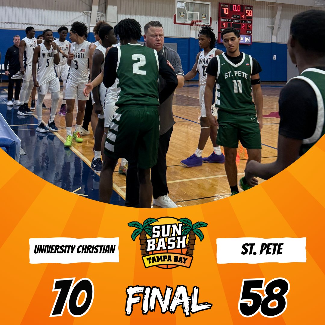 Game 10: <a href="/sunbashtourney/">Sun Bash</a> Tampa Bay

Final Score:

University Christian 70
St. Pete 58

📊Leaders

<a href="/ucs_athletics/">UCS Athletics</a>
Ty Duncan 18
Augustine Ayelyine 14
Markel Holmes 10

<a href="/SPHBasketball/">St Pete High School Basketball</a>
Nijaun Harris 17