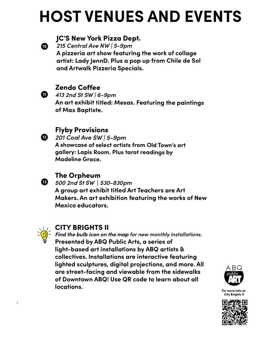 TONIGHT is ABQ Artwalk and another edition of City Brights! Grab the Ben Harrison map edition at listed locations &amp; online to discover all of tonight’s events, featured artists &amp; locations! New City Bright art installations will be highlighted with a 💡 icon!