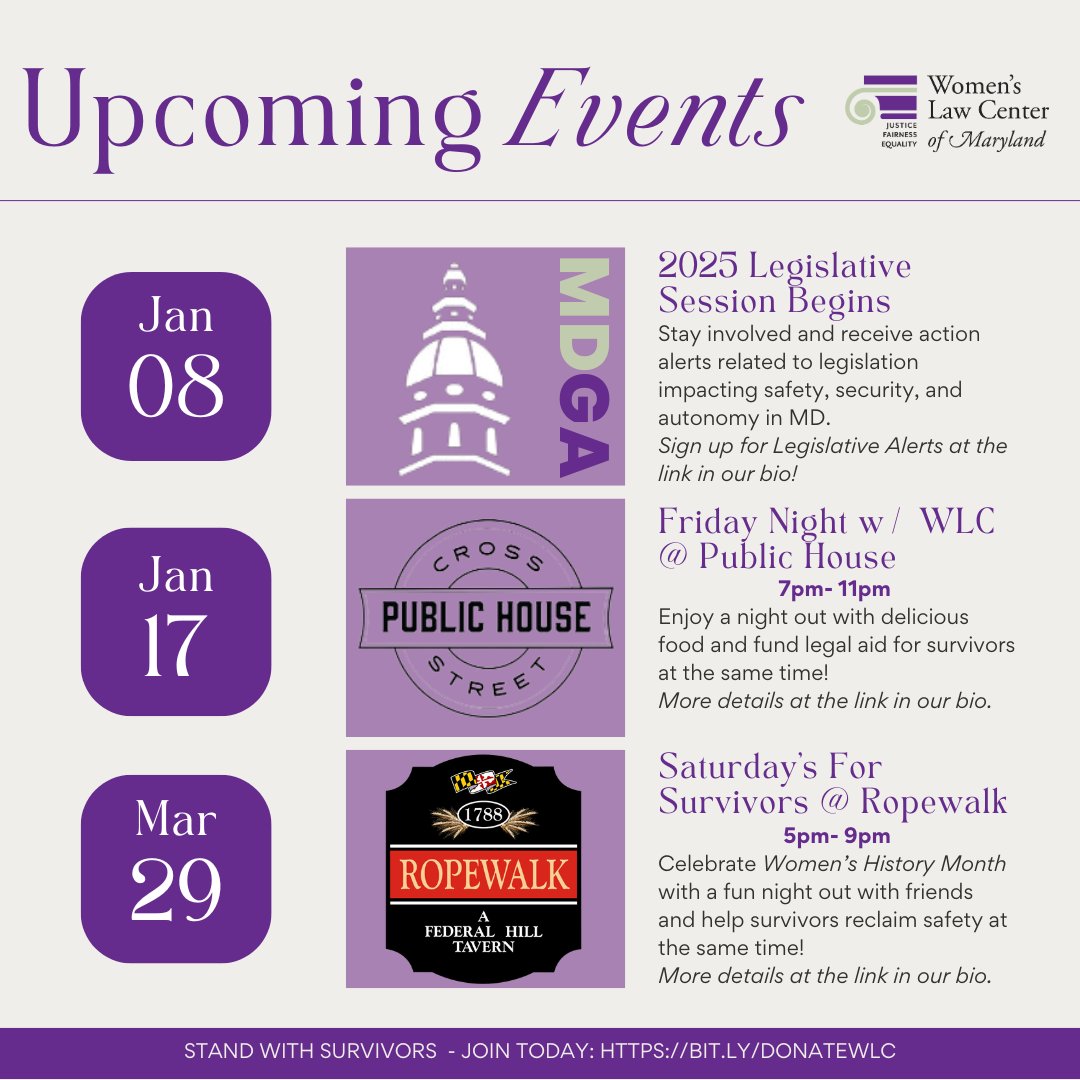 Women's Law Center (@wlcmd) on Twitter photo 💫 Happy New Year! Stand with survivors in 2025:
💼1/8: MD General Assembly starts! Sign up for updates bit.ly/wlcadvocacyale…
🍴1/17: Friday Night w/ WLC <a href="/CrossStPublic/">Cross Street Public House</a>.
🥳3/29: Saturdays for Survivors <a href="/RopewalkTavern1/">Ropewalk Tavern</a>.
Come along with us! 🔗in bio
#womensrights #survivors 💫 Happy New Year! Stand with survivors in 2025:
💼1/8: MD General Assembly starts! Sign up for updates bit.ly/wlcadvocacyale…
🍴1/17: Friday Night w/ WLC <a href="/CrossStPublic/">Cross Street Public House</a>.
🥳3/29: Saturdays for Survivors <a href="/RopewalkTavern1/">Ropewalk Tavern</a>.
Come along with us! 🔗in bio
#womensrights #survivors
