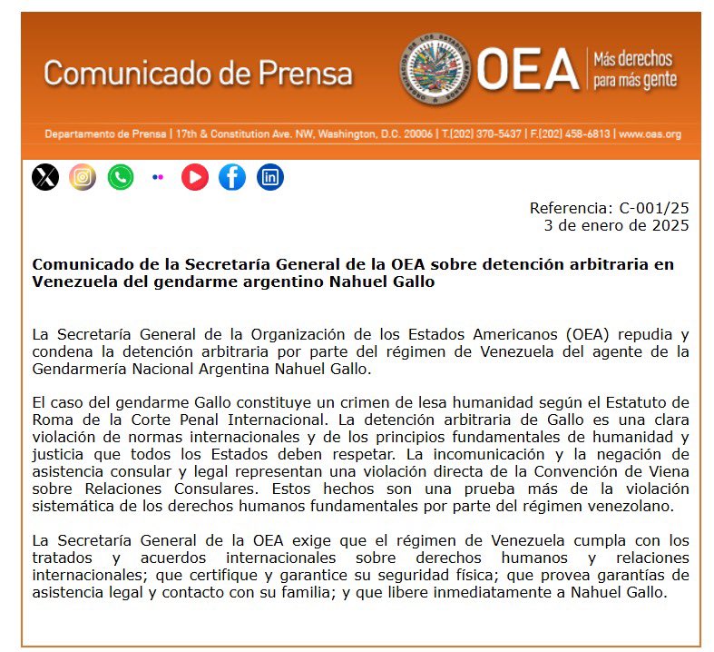 Comunicado de la Secretaría General de la OEA sobre detención arbitraria en Venezuela del gendarme argentino Nahuel Gallo

oas.org/es/centro_noti…
