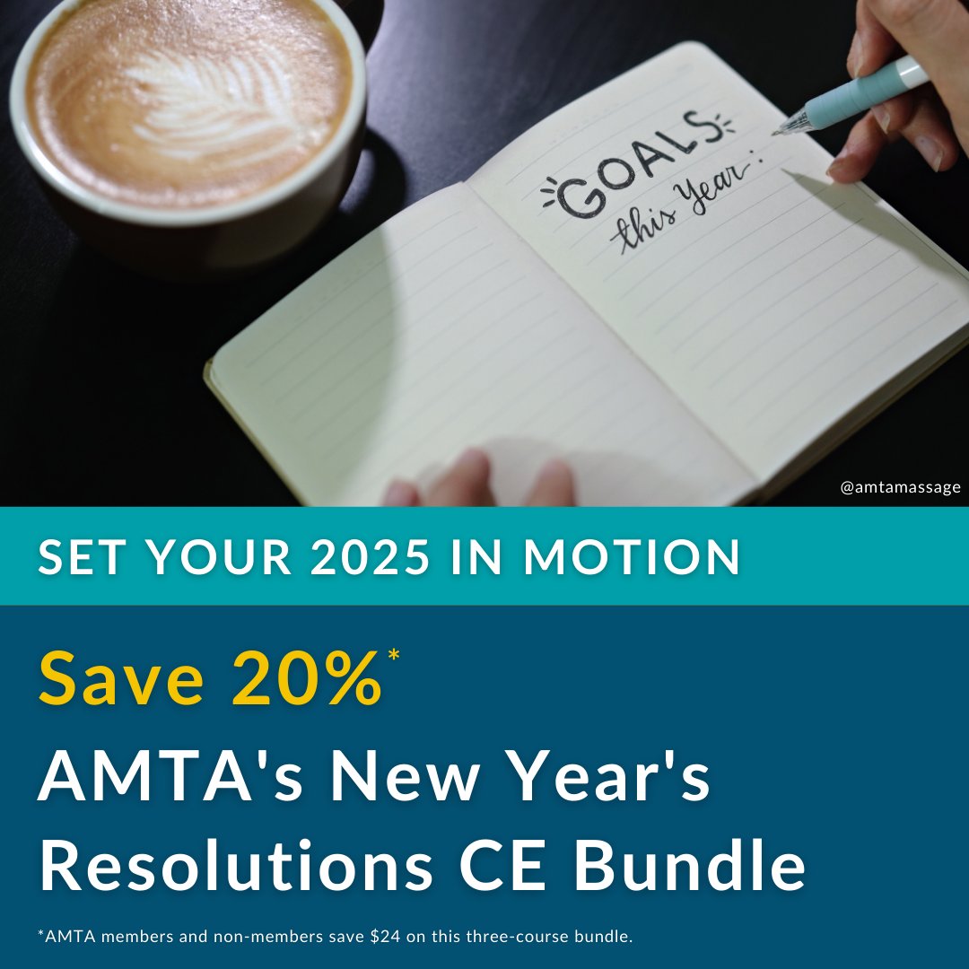 🎉 New! Make 2025 your year of professional growth and wellness with AMTA’s New Year’s Resolutions CE bundle! For a limited time, AMTA members save 20% on this special promotion. Get started today: bit.ly/3BGlH4e 
#AMTAmassage #massagetherapy