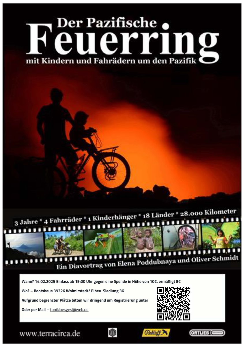 Spannender Diavortrag über eine außergewöhnliche dreijährige Radreise mit Kindern durch 18 Länder:
"Der Pazifische Feuerring" von Elena Poddubnaya und Oliver Schmidt 
Freitag, 14.02.2025 von 19:30 bis 22 Uhr im Bootshaus in Elbeu/Wolmirstedt
facebook.com/share/KZhdiJsE…