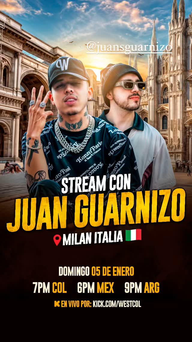🎥 | WestCOL hará stream especial con Juan Guarnizo 💣🔥

Domingo 5 de Enero

🇨🇴 7 PM 
🇦🇷 9 PM
🇲🇽 6 PM
🇪🇸 1 AM