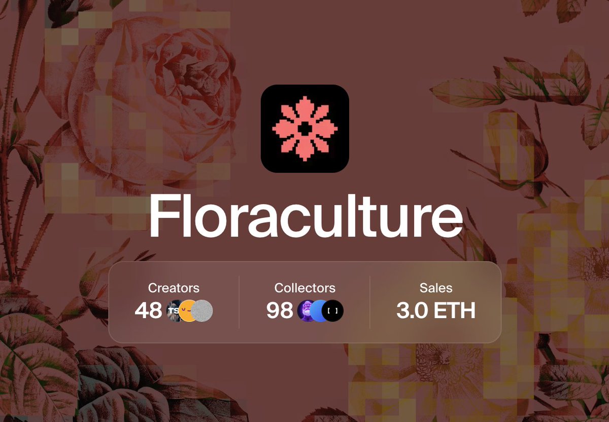 Jack Prettyman 🌼 (@jprittee_) on Twitter photo Happy new year, friends! Taking a moment to celebrate what we accomplished with <a href="/FloracultureArt/">Floraculture</a> last year.
- 4 exhibitions
- 48 artists from around the world
- 98 collectors
- 3 eth in sales
Thank you for supporting this little passion project and all the artists involved. 🌸 Happy new year, friends! Taking a moment to celebrate what we accomplished with <a href="/FloracultureArt/">Floraculture</a> last year.
- 4 exhibitions
- 48 artists from around the world
- 98 collectors
- 3 eth in sales
Thank you for supporting this little passion project and all the artists involved. 🌸