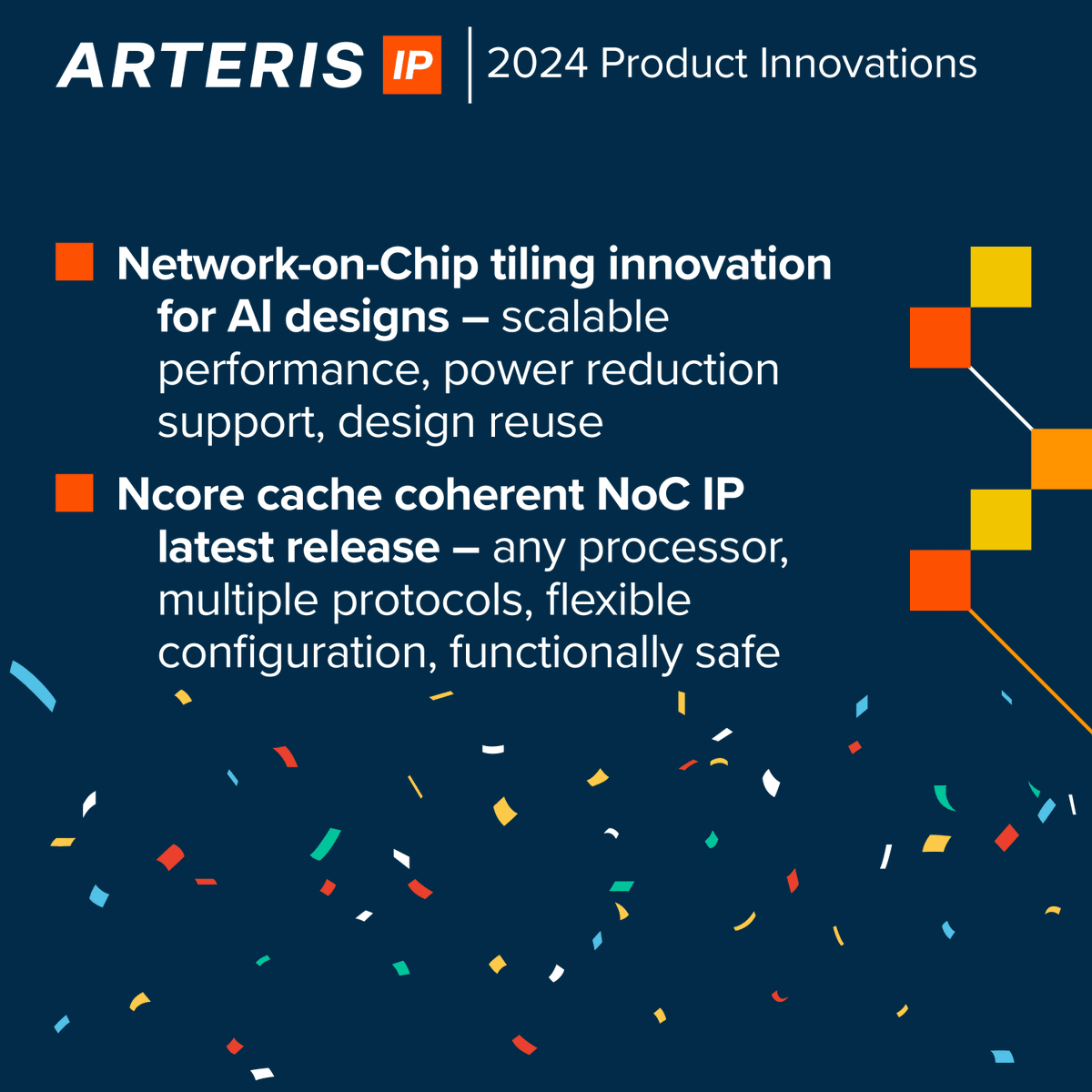 arteris_noc's tweet photo. 2024 was a great year for Arteris.

Below are some of our biggest updates. Learn more here: https://t.co/BlOs2hr8lG

Cheers to brilliant innovations in 2025! 🎇

#Arteris #semiconductor #innovation #SystemOnChip #NetworkOnChip https://t.co/MYHr926Rsn