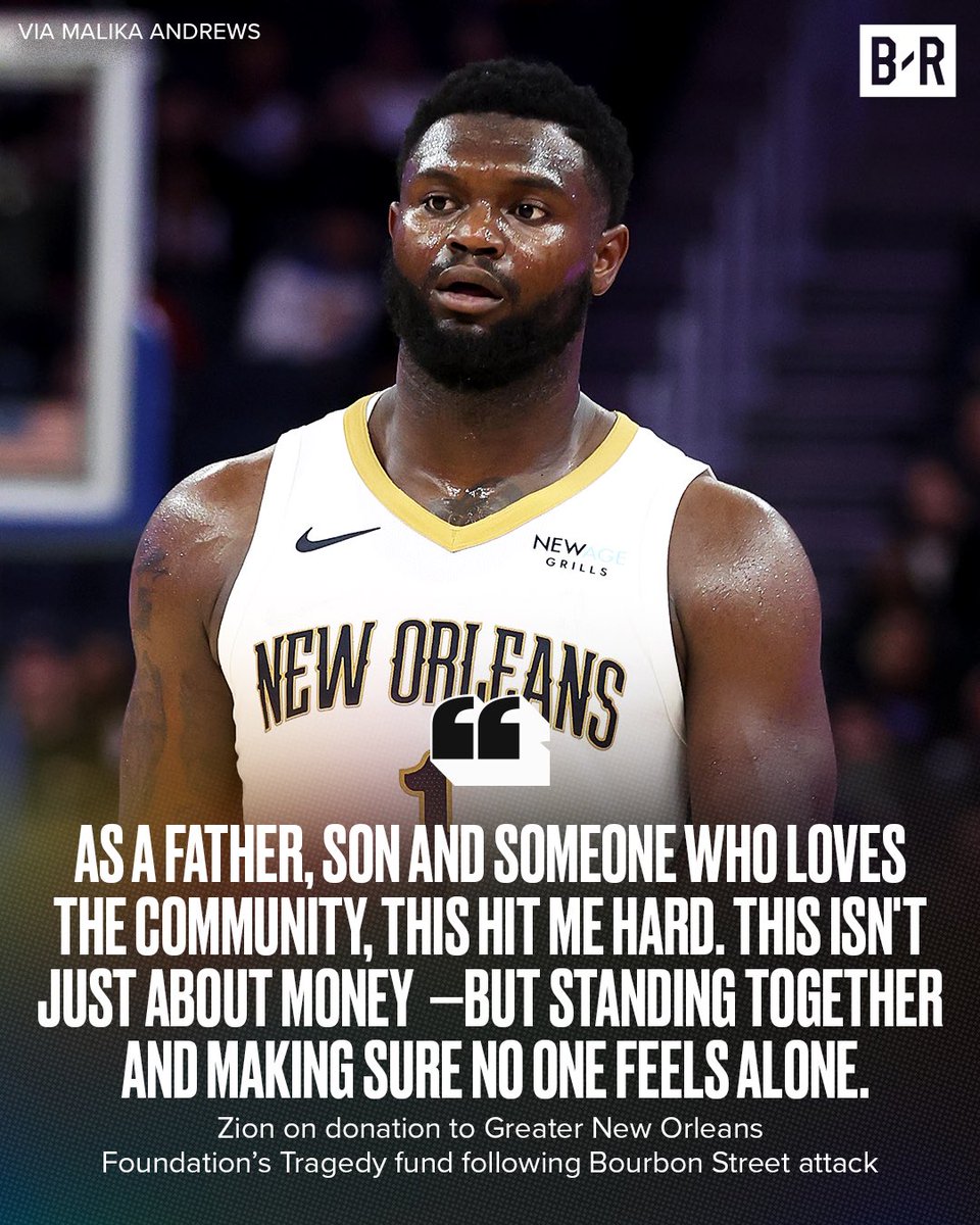 Bleacher Report (@bleacherreport) on Twitter photo Zion donated $100k to the Greater New Orleans Foundation’s Tragedy fund following attack on Bourbon Street ❤️
(via <a href="/malika_andrews/">Malika Andrews</a>) Zion donated $100k to the Greater New Orleans Foundation’s Tragedy fund following attack on Bourbon Street ❤️
(via <a href="/malika_andrews/">Malika Andrews</a>)