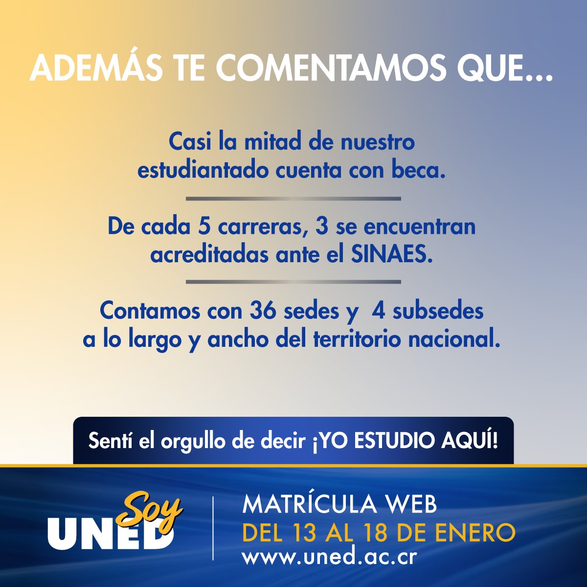 A partir de este lunes, más de 42 carreras y más de 100 cursos libres y talleres están disponibles para vos en la oferta académica de la UNED.
Estaremos en proceso de matrícula hasta el 18 de enero, en uned.ac.cr.
#SoyUNED #YoEstudioAquí