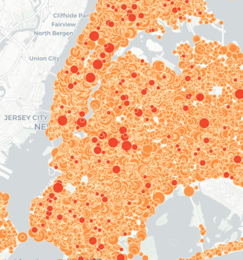 This is a map of victims injured/killed while riding the subway.

Whoops, it actually shows motor vehicle crashes.
25 cyclists, 117 pedestrians, and 114 motorists killed in 2024.

51,685 injured.

Despite what you read in the <a href="/nypost/">New York Post</a>, it's much safer to take the train.