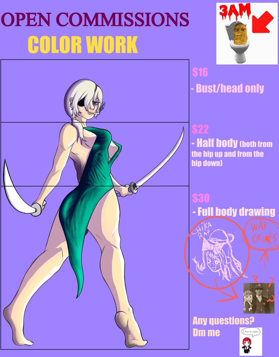 bizarrepigment's tweet image. OPENING COMMISSIONS.
I'm oficialy opening commissions. Support me with RT + &lt;3
Also I'm gonna do a post in spanish for my hispanic fellows!
#artshare #commissionopen #comm #csm #jjk #dandadan #jojos #naruto #frieren #berserk