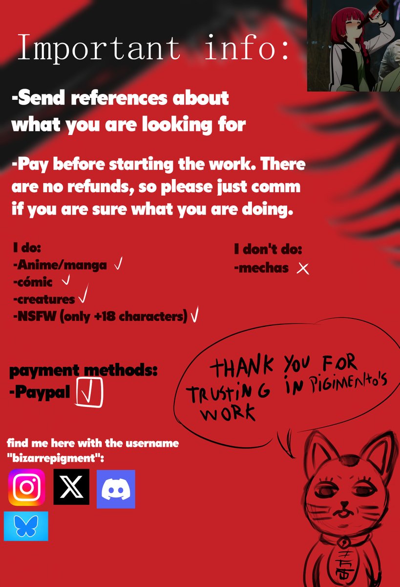 bizarrepigment's tweet image. OPENING COMMISSIONS.
I'm oficialy opening commissions. Support me with RT + &lt;3
Also I'm gonna do a post in spanish for my hispanic fellows!
#artshare #commissionopen #comm #csm #jjk #dandadan #jojos #naruto #frieren #berserk