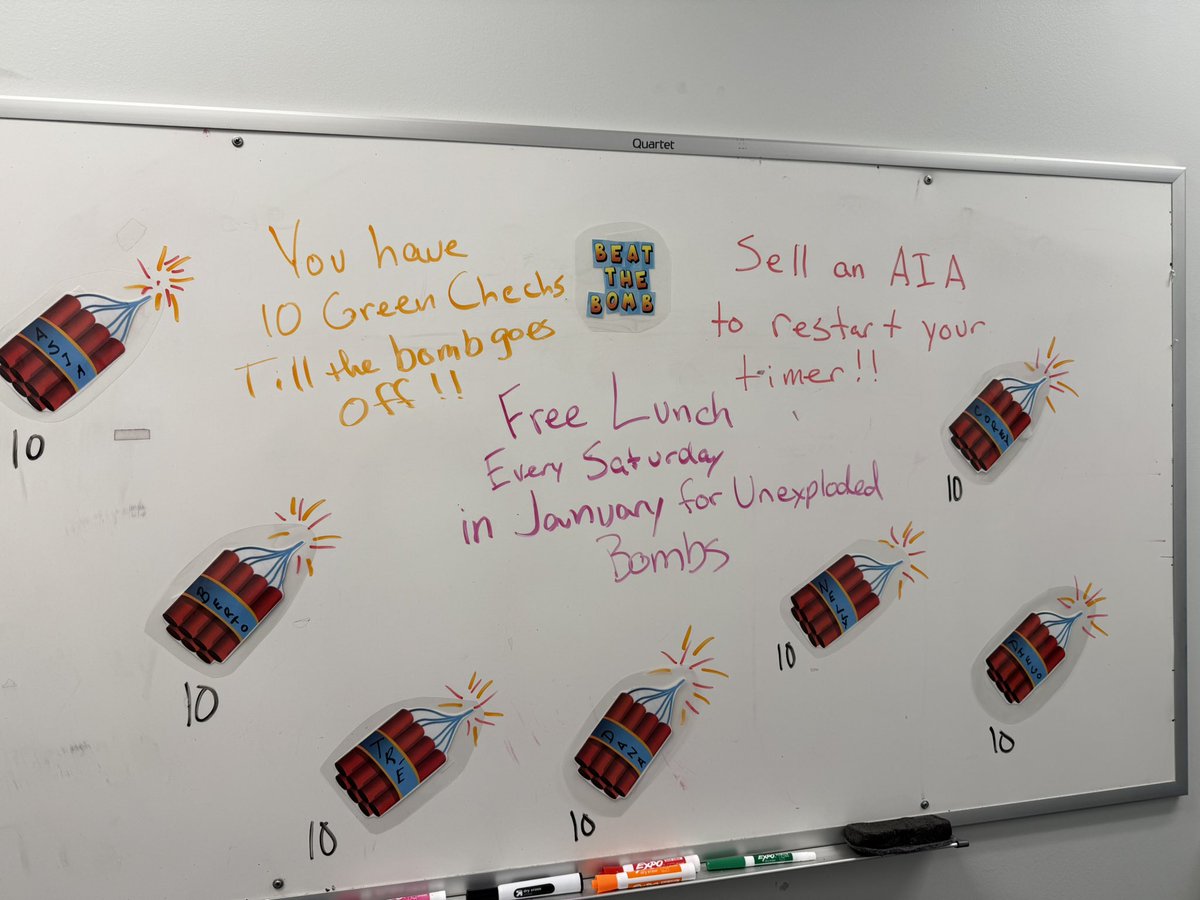 David Mattioli (@davemattioliasm) on Twitter photo We are running a fun contest it Cherry Hill to drive to 10% AIA close rate. Beat The Bomb! Experts have 10 green checks to sell and AIA and restart the timer. All experts whose bomb hasn’t exploded by Saturday gets lunch. Who will win this week?!?! <a href="/AKGaddy/">Andre Gaddy</a> We are running a fun contest it Cherry Hill to drive to 10% AIA close rate. Beat The Bomb! Experts have 10 green checks to sell and AIA and restart the timer. All experts whose bomb hasn’t exploded by Saturday gets lunch. Who will win this week?!?! <a href="/AKGaddy/">Andre Gaddy</a>