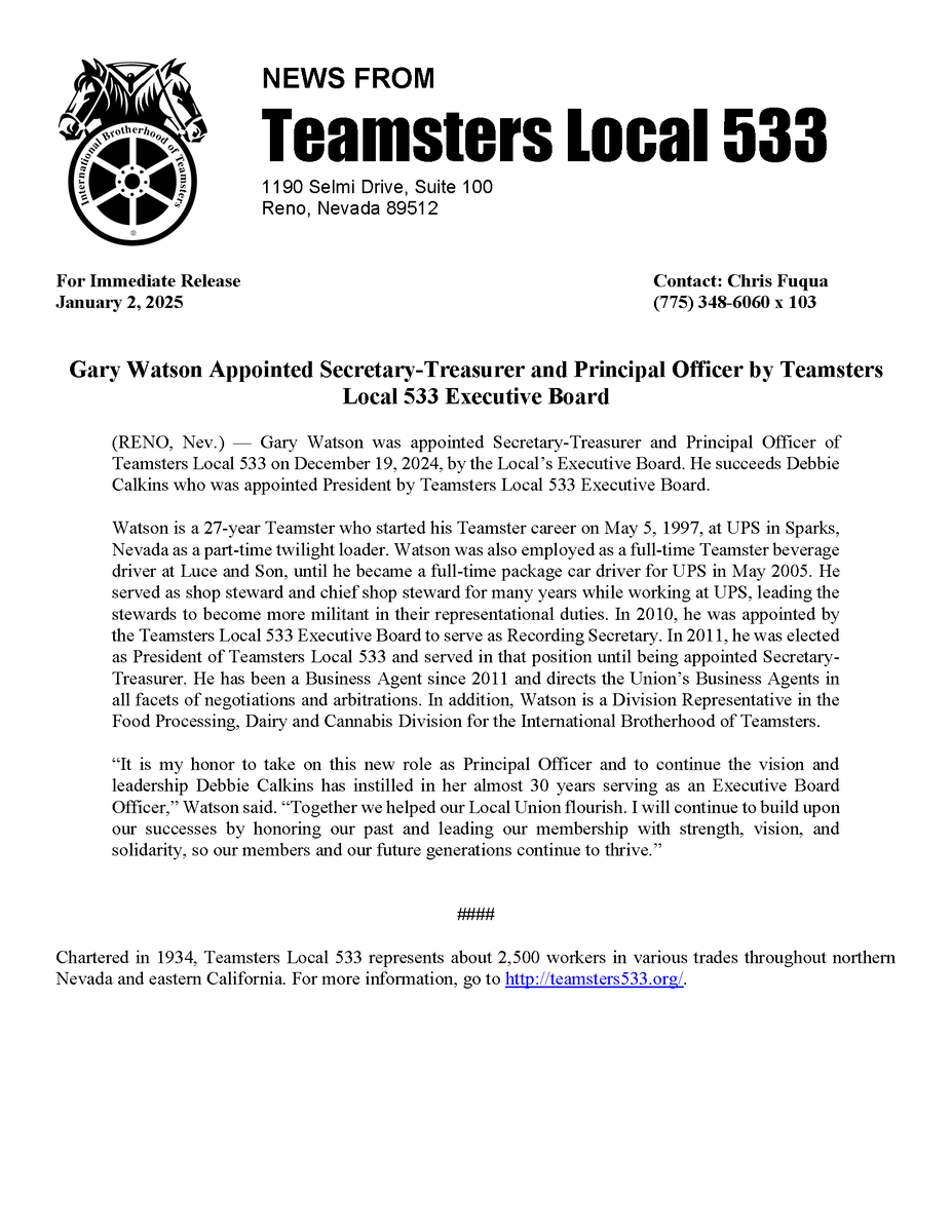 A heartfelt congratulations to Gary Watson, who will begin serving as our Principal Officer this month. We look forward to his steadfast leadership and the continued stability that Debbie Calkins helped foster during her time as Principal Officer.
